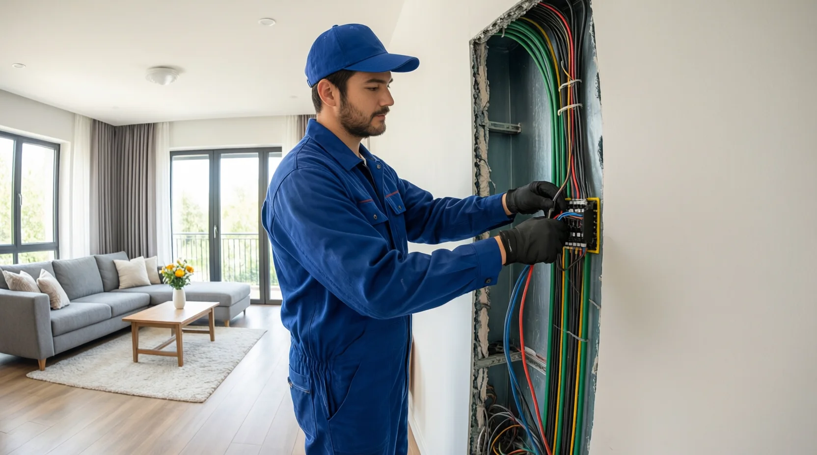 Elektrikář instaluje elektroinstalaci v moderní bytové kuchyni